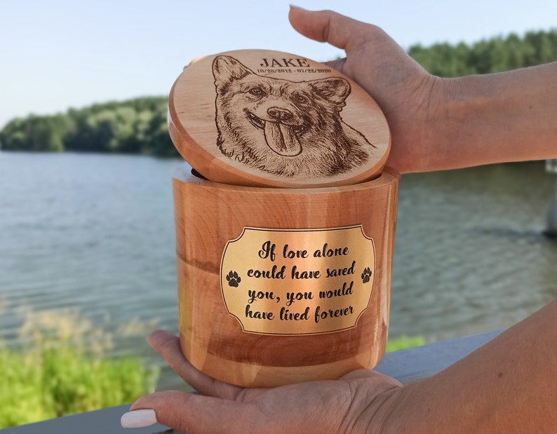 Wooden Dog Ashes Box, Pet Memorial Personalized Urn with Engraved Portrait, Dog Parent Gift