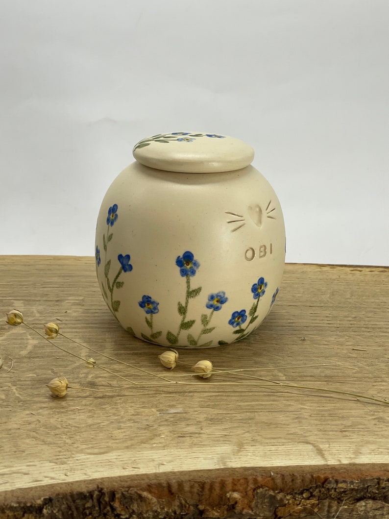 Forget me not pet urn, cat urn, dog urn floral, small blue flowers
