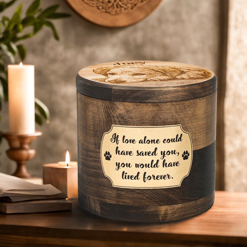 Wooden Dog Ashes Box, Pet Memorial Personalized Urn with Engraved Portrait, Dog Parent Gift