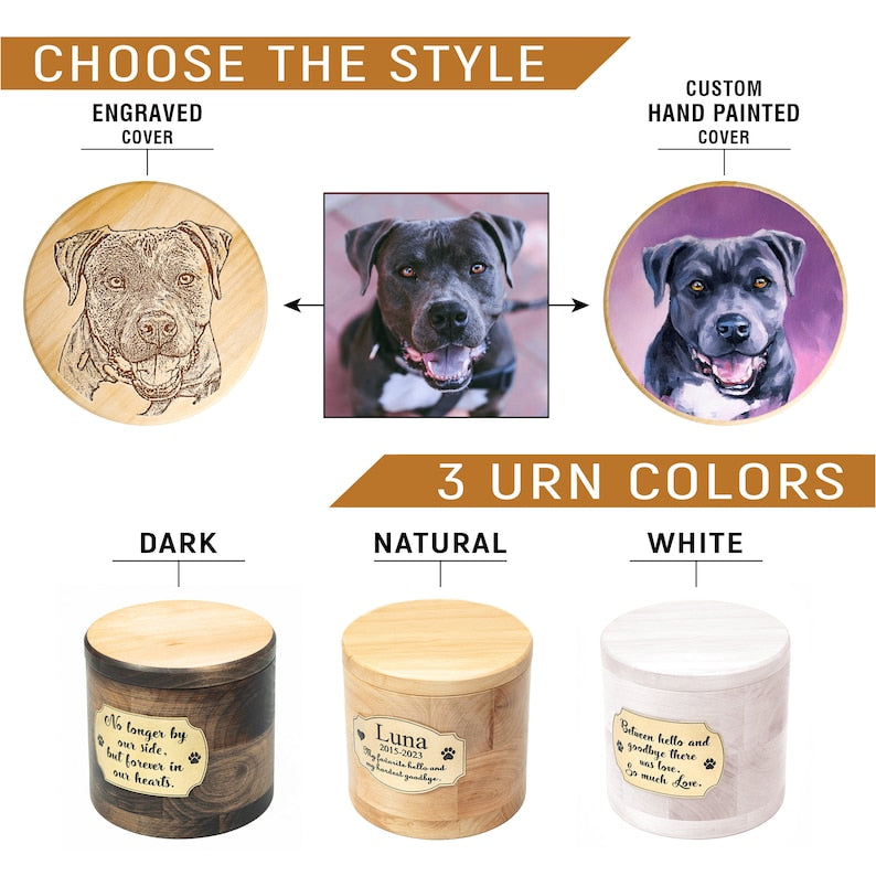 Wooden Dog Ashes Box, Pet Memorial Personalized Urn with Engraved Portrait, Dog Parent Gift