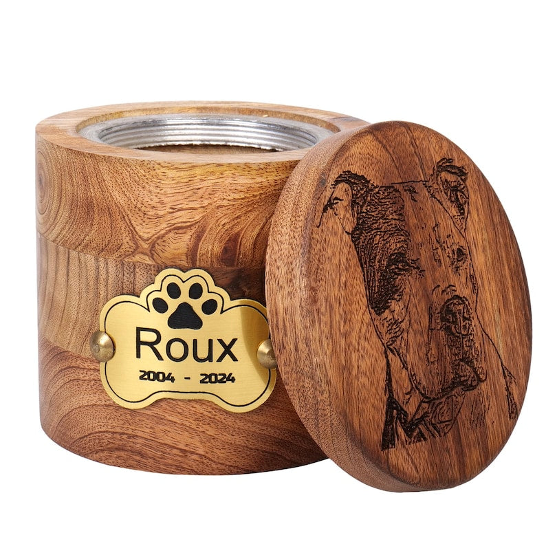 Custom Pet Portrait Engraved Wooden Urn Box for ashes, Cremation Dog Urn for Ashes