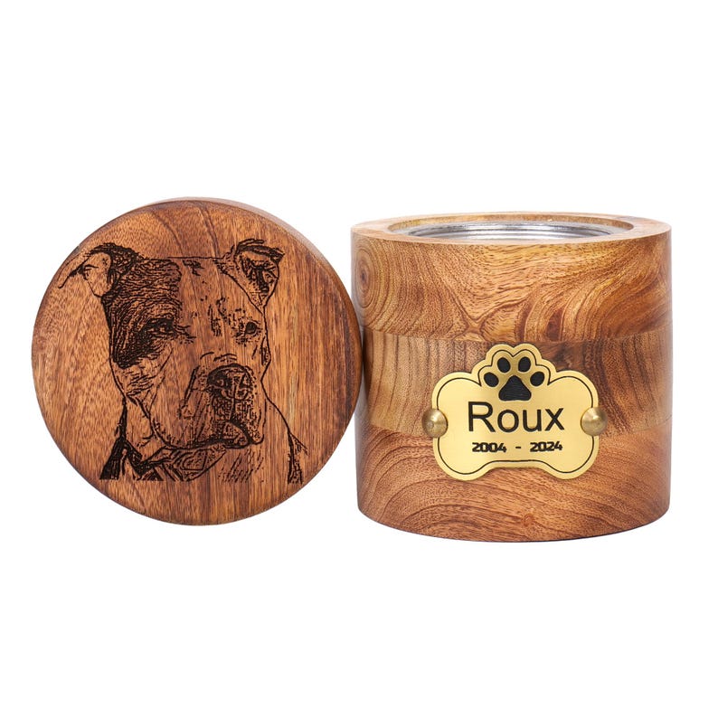 Custom Pet Portrait Engraved Wooden Urn Box for ashes, Cremation Dog Urn for Ashes