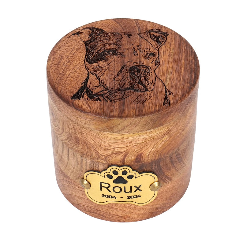 Custom Pet Portrait Engraved Wooden Urn Box for ashes, Cremation Dog Urn for Ashes