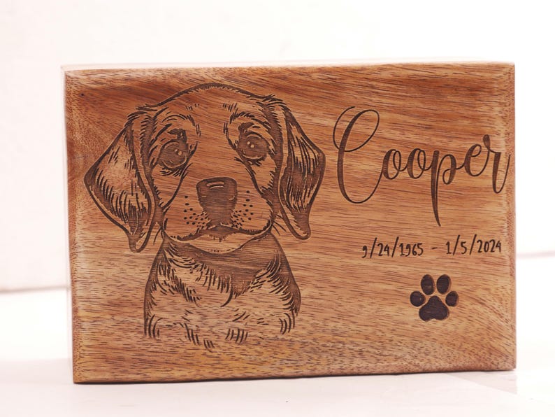 Pet Portrait Engraved Wooden Urn Box for ashes, Cremation Dog Urn for Ashes, Urns for Dog and Cat Ashes, Pet Memorial Custom Photo Engraved