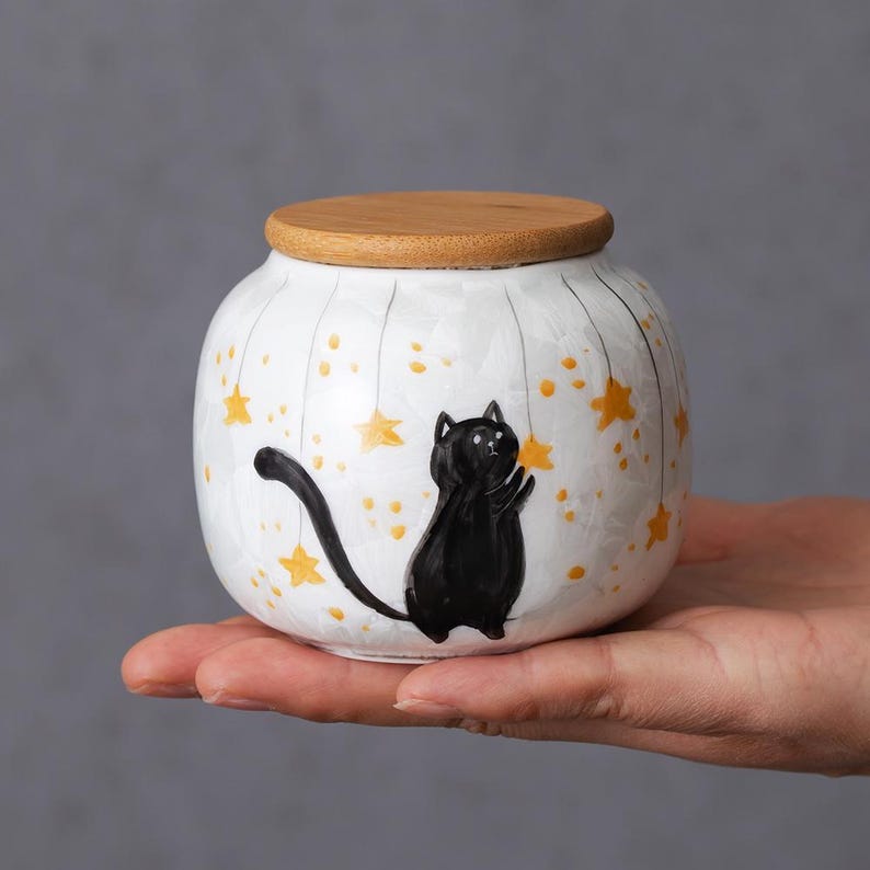 Handpainted Cat in the Starry Sky Pet Urn Personalized Ceramic Crystal Flower Pet Urn Souvenirs with Engraved Date