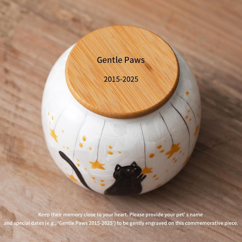 Handpainted Cat in the Starry Sky Pet Urn Personalized Ceramic Crystal Flower Pet Urn Souvenirs with Engraved Date