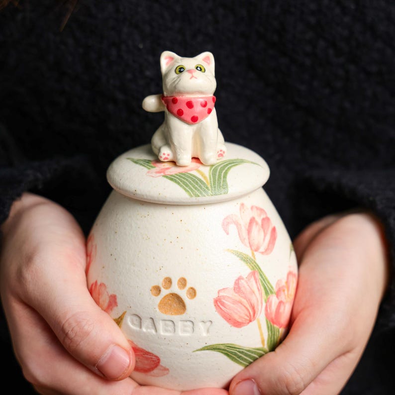 Custom Ceramic Pet Urn for Ashes - Personalized Dog or Cat Memorial Jar with Figurine&Clothe Handmade Forget Me Not Keepsake Pet Loss Gift