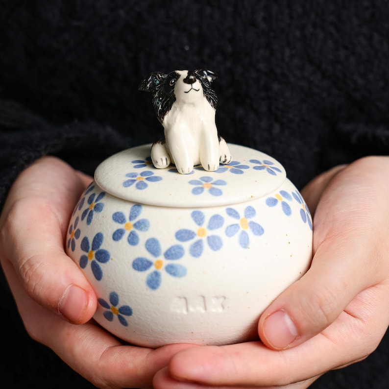 Custom Ceramic Pet Urn for Ashes - Personalized Dog or Cat Memorial Jar with Figurine&Clothe Handmade Forget Me Not Keepsake Pet Loss Gift