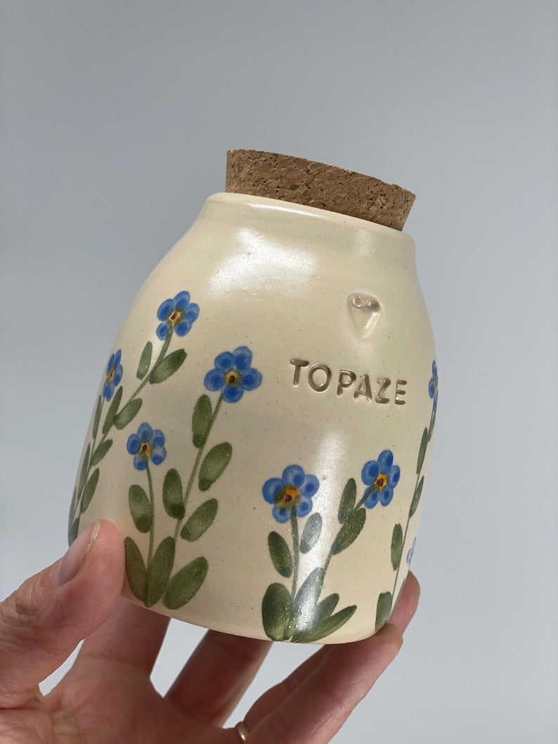 Forget me not cat urn, blue flower dog urn, small blue flowers