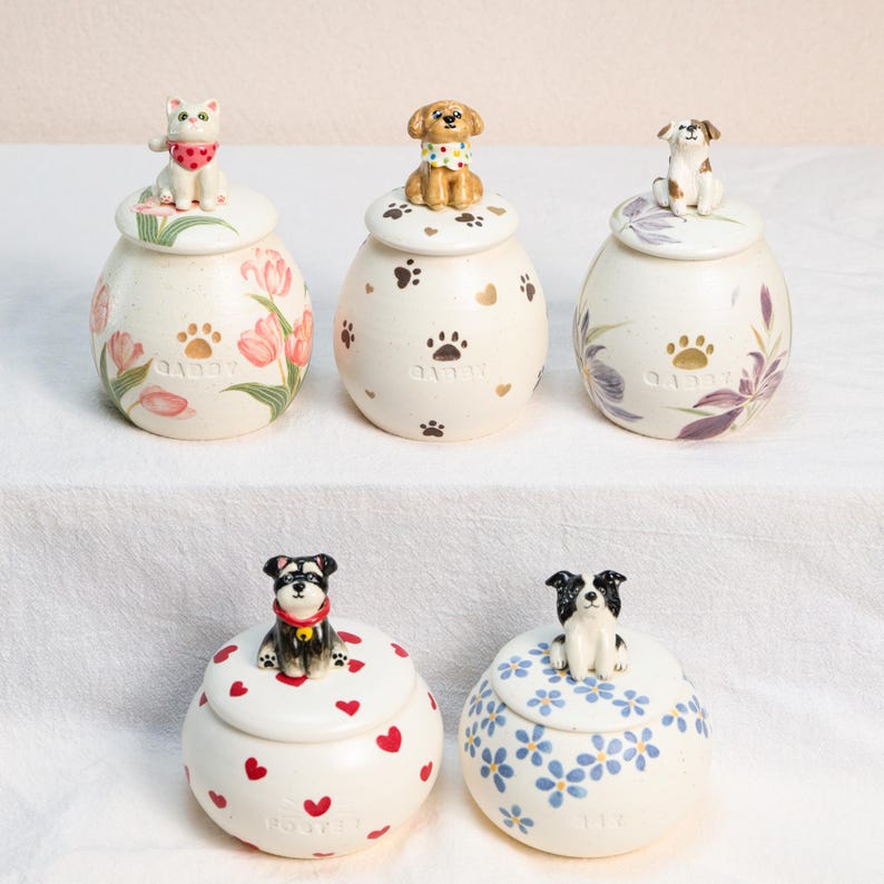 Custom Ceramic Pet Urn for Ashes - Personalized Dog or Cat Memorial Jar with Figurine&Clothe Handmade Forget Me Not Keepsake Pet Loss Gift