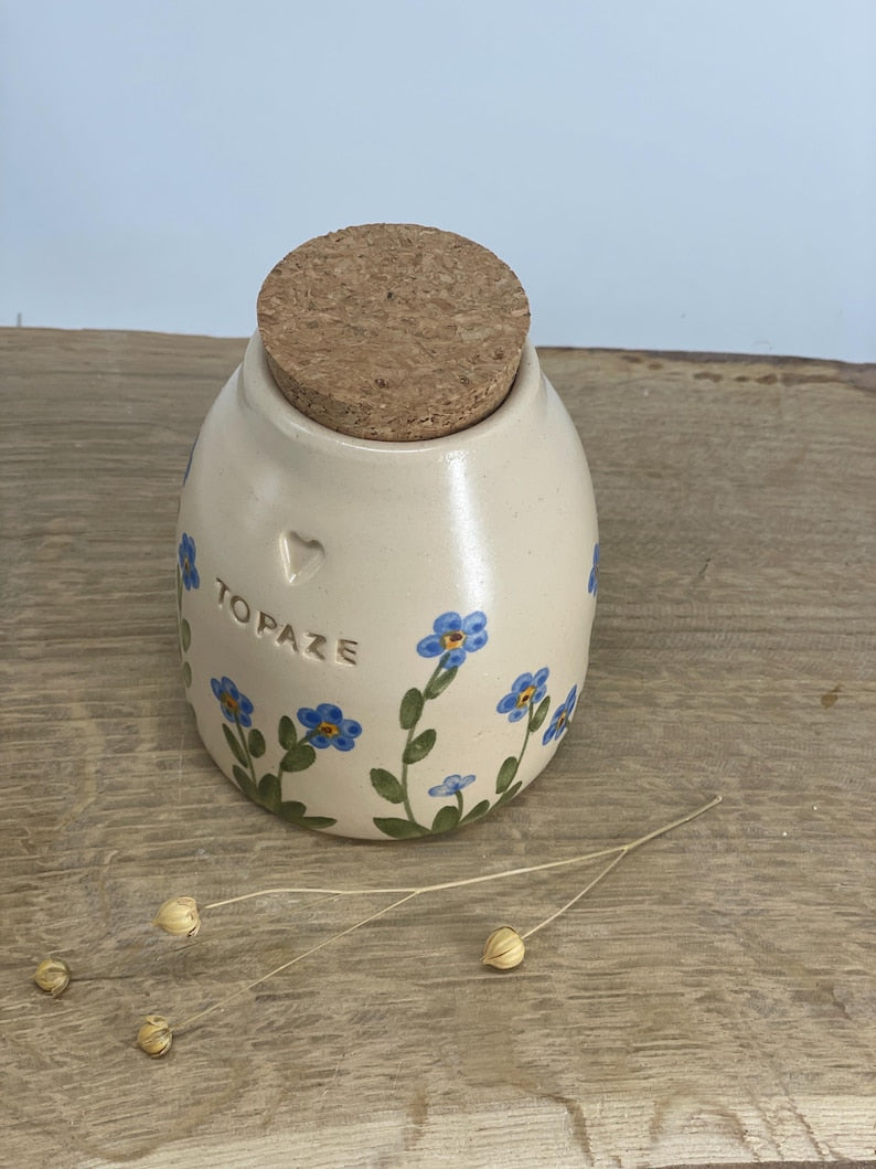 Forget me not cat urn, blue flower dog urn, small blue flowers