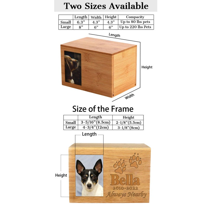 Personalized Cremation Dog Ashes Urn, Cat Ashes Urn, Photo Box Pet Cremation Urn, Wood Pet Urn for Dog Ashes UP to 80Lbs or 220 Lbs Pets