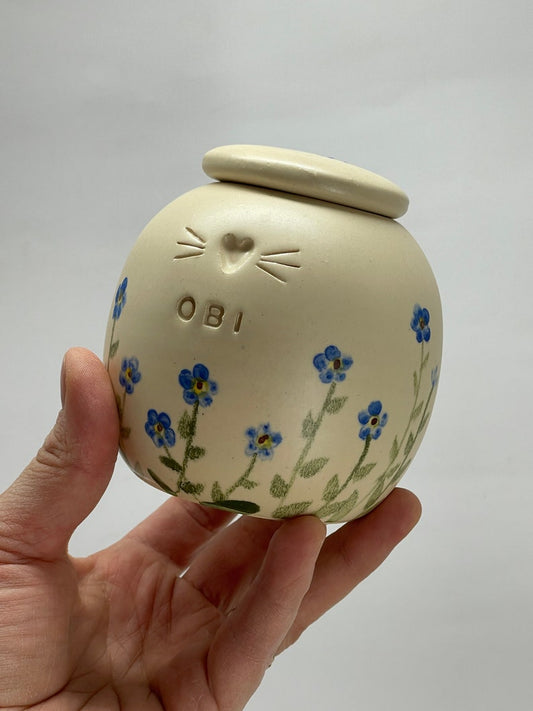 Forget me not pet urn, cat urn, dog urn floral, small blue flowers