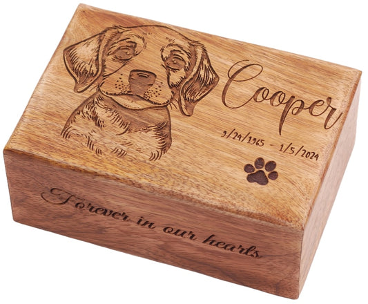 Pet Portrait Engraved Wooden Urn Box for ashes, Cremation Dog Urn for Ashes, Urns for Dog and Cat Ashes, Pet Memorial Custom Photo Engraved