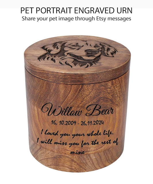 Custom Pet Portrait Engraved Wooden Urn Box for ashes, Cremation Dog Urn for Ashes