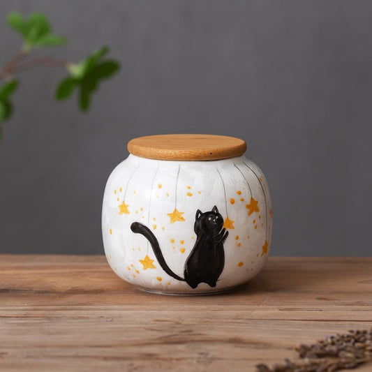 Handpainted Cat in the Starry Sky Pet Urn Personalized Ceramic Crystal Flower Pet Urn Souvenirs with Engraved Date