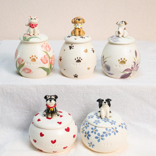 Custom Ceramic Pet Urn for Ashes - Personalized Dog or Cat Memorial Jar with Figurine&Clothe Handmade Forget Me Not Keepsake Pet Loss Gift