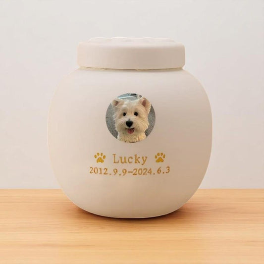 Custom White Pet Urn - Ceramic Cat Paw Memorial Urn for Ashes - Personalized Engraved Pet Cremation Urn - Photo & Name Keepsake - Cat/Dog